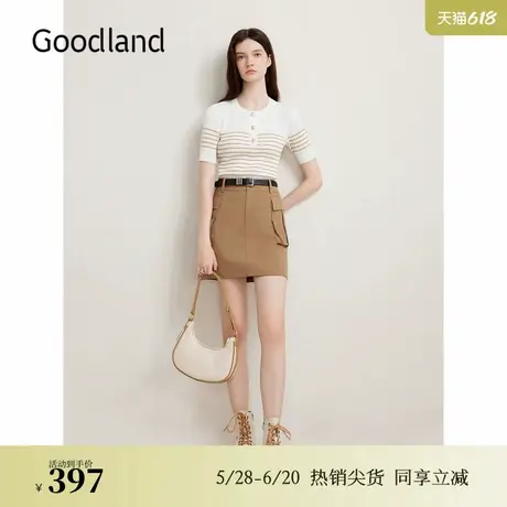 Goodland美地春季法式优雅海军风条纹毛针织衫套头上衣图片