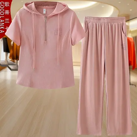 中年妈妈夏装短袖运动套装洋气减龄中老年女连帽休闲运动服两件套商品大图