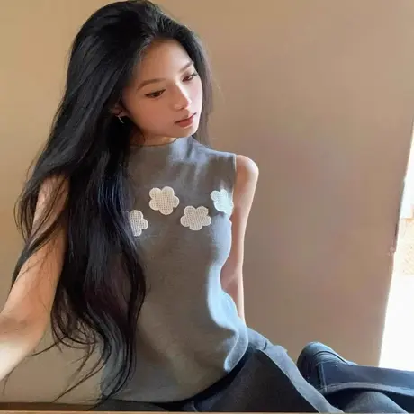 半高领针织工字背心无袖女2025新款夏设计感小众外穿辣妹挂脖上衣图片