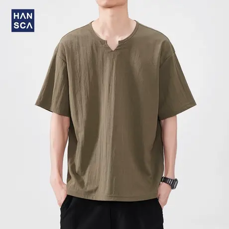 hansca棉麻珠地V领短袖T恤男款2025夏季轻薄凉感半袖休闲打底上衣商品大图