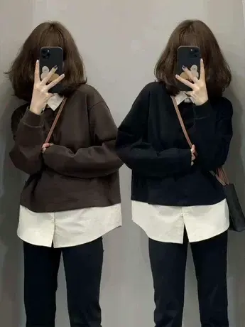 2023春秋时尚新款修身显瘦高级感拼衬衫欧货假两件纯色长袖卫衣女图片