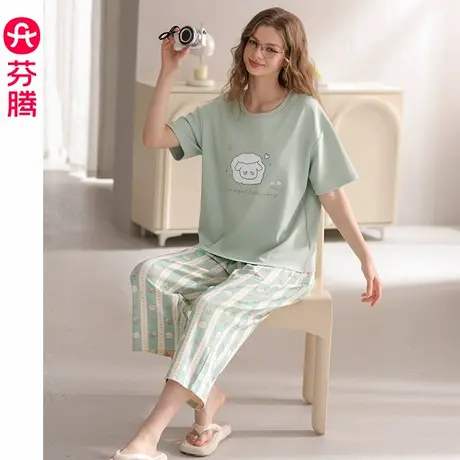 芬腾服饰夏季纯棉睡衣女士短袖七分裤夏天薄款凉感大码家居服套装图片