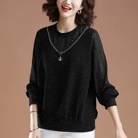 雪纺衫女春秋中年妈妈加肥加大码上衣宽松时尚洋气拼接显瘦打底衫商品大图