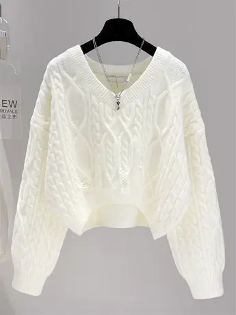 2023秋季宽松高腰短款V领毛衣慵懒风秋冬套头针织衫外套上衣女装图片