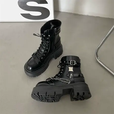 英伦朋克风厚底马丁靴女2025春秋新款中筒甜酷小个子增高黑色短靴商品大图