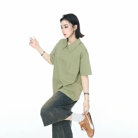 YEP复古纯色拉链POLO衫男女夏季新款短袖t恤正肩宽松情侣装半袖潮商品大图