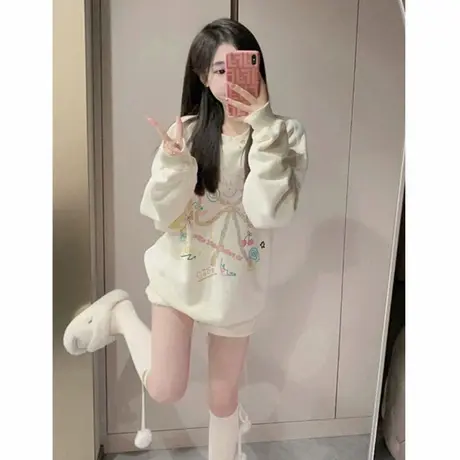 独特别致奶fufu杏色卫衣女无帽秋冬慵懒风蝴蝶结印花圆领长袖上衣商品大图