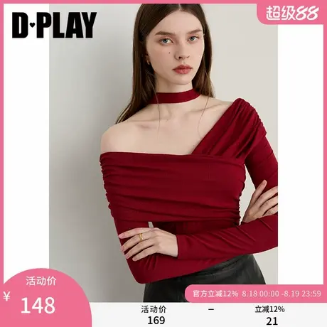 DPLAY2025年秋季新款红色t恤女一字肩露肩飘带设计修身长袖上衣商品大图