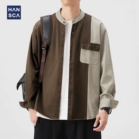 hansca复古撞色拼接纯棉衬衫男长袖2025新款秋季美式休闲衬衣外套图片