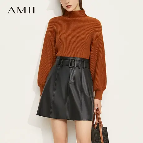 Amii简约皮质半身裙女2025夏新款高腰显瘦A字裙配腰带环保PU皮裙图片