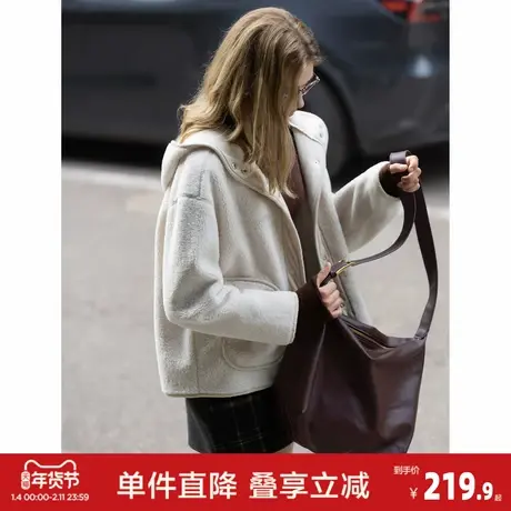 唐狮秋冬新款羊羔绒外套女短款高级感韩系宽松连帽仿麂皮绒外套女商品大图