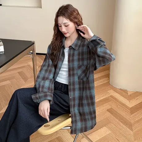 唐狮春秋季长袖衬衫女格子衬衫简约设计气质时尚格纹高级感BLtu图片