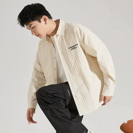 唐狮早秋新款男长袖衬衫男翻领前胸文字无口袋设计感长袖衬衫TE图片