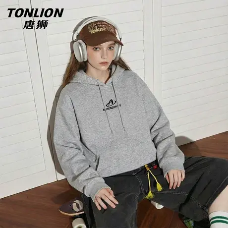 唐狮官方灰色连帽卫衣女2026新款春秋款女士宽松显瘦套头上衣女VB图片