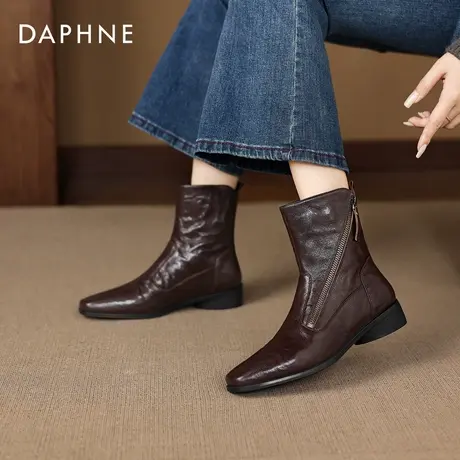 达芙妮加绒短靴子女2025新款爆款秋冬季方头瘦瘦靴棕色粗跟马丁靴商品大图