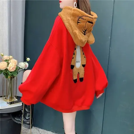 加绒加厚红色圣诞连帽卫衣女2021年新款秋冬宽松设计感慵懒风外套商品大图