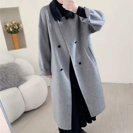 双排扣翻领双面呢大衣女秋冬2023年新款宽松长款过膝气质百搭外套图片