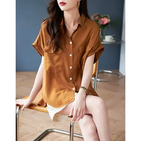 宝诗黎OL气质蝙蝠袖衬衫女夏款宽松短袖衬衣2023年新款百搭上衣潮商品大图