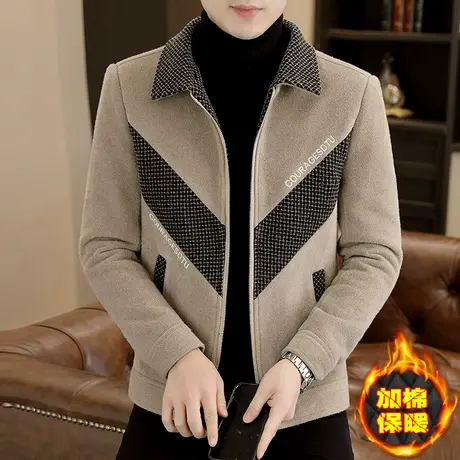 高级感加厚毛呢外套男士秋冬潮牌轻熟风短款大衣拼接加棉呢子夹克商品大图