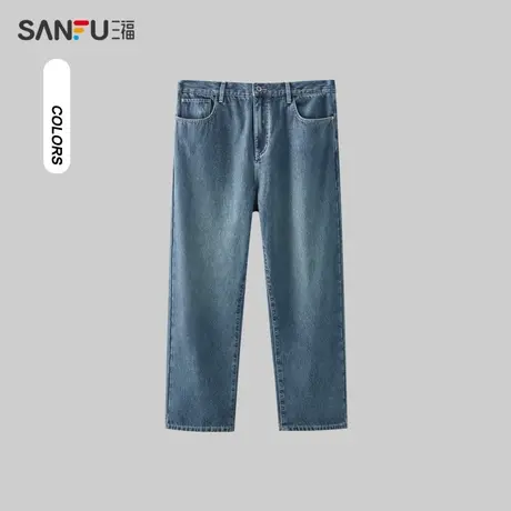 三福2023冬季新款牛仔裤男复古水洗直筒加厚保暖宽松橡筋腰长裤商品大图