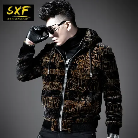 SXF圣希梵男士皮衣外套 金貂绒大衣冬季连帽皮草潮牌满花羊剪绒男图片