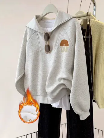 港风chic复古海军领卫衣秋冬女装ins大码加绒高级感灰色外套上衣商品大图