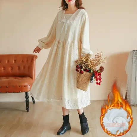 胖妹妹秋装重工蕾丝拼接加绒连衣裙 加大码2022新款优雅蕾丝长裙商品大图