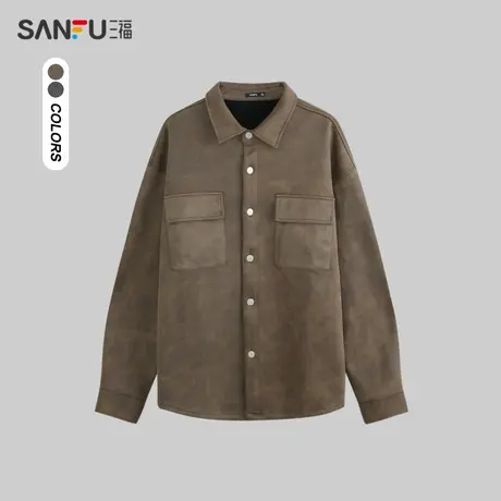 三福2023冬男士麂皮蜡染长衬衫 潮流废土风宽松翻领外套477973图片