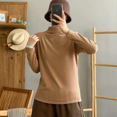 dza 复古纯色双面绒打底T恤女秋冬内搭宽松高领上衣休闲百搭长袖商品大图