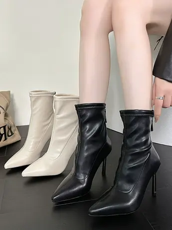 白色细跟短靴女尖头2023年秋冬新款高跟软皮时装靴子女套筒瘦瘦靴图片