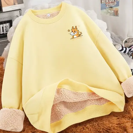 羊羔绒圆领卫衣女冬加绒加厚2023年新款冬季外套宽松上衣秋冬衣服商品大图