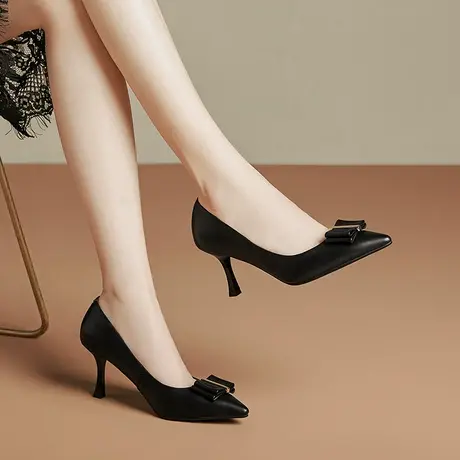 职场气质高跟鞋女夏新款里外真皮细跟小尖头浅口百搭单鞋久穿不累图片