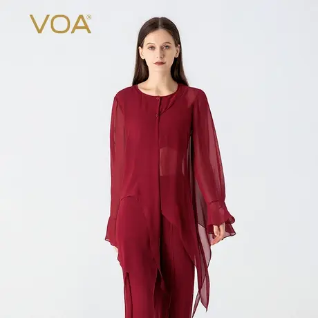 VOA桑蚕丝乔其纱酒红色圆领喇叭袖两粒扣不对称斗篷式真丝外套女图片