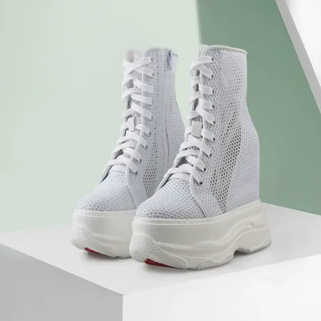 夏季内增高女鞋14CM厚底高帮鞋透气网面高跟松糕鞋真皮运动休闲鞋图片