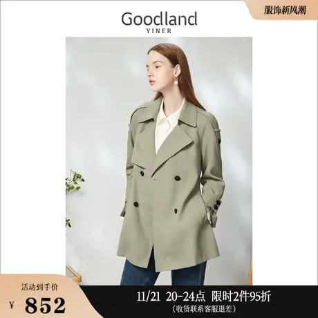 Goodland美地女装2023春季通勤英伦风双排扣长款抗皱风衣外套商品大图