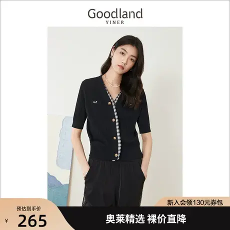 音儿美地女装2022夏季新款套头短袖上衣女格子V领拼接毛针织衫商品大图