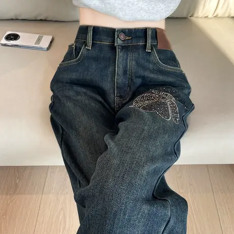 加绒哈伦牛仔裤女秋冬季新款高腰宽松大码胖MM直筒烫钻萝卜老爹裤商品大图
