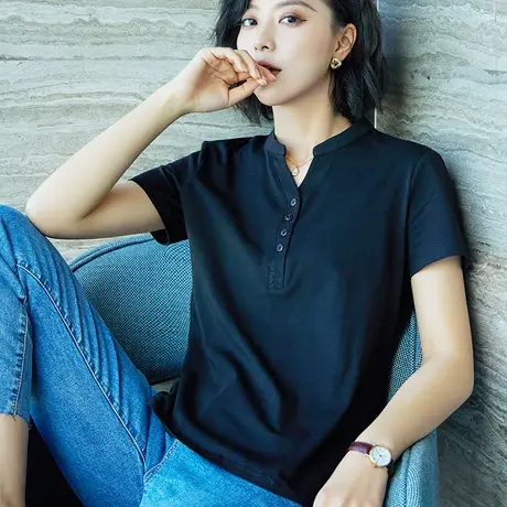 雀后短袖T恤女2022夏装新款V领黑色打底衫宽松立领半袖百搭棉上衣商品大图
