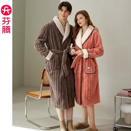 芬腾珊瑚绒情侣睡袍女秋冬保暖加厚加绒法兰绒男士大码家居服浴袍图片