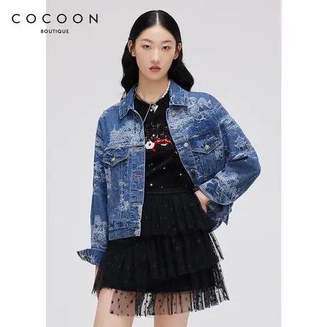 COCOON商场同款时尚短袖2023春新款女设计感印花刺绣圆领套头T恤商品大图