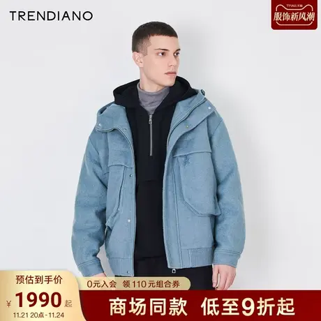 TRENDIANO官方绵羊毛连帽微阔呢料外套男潮2023新款冬季图片