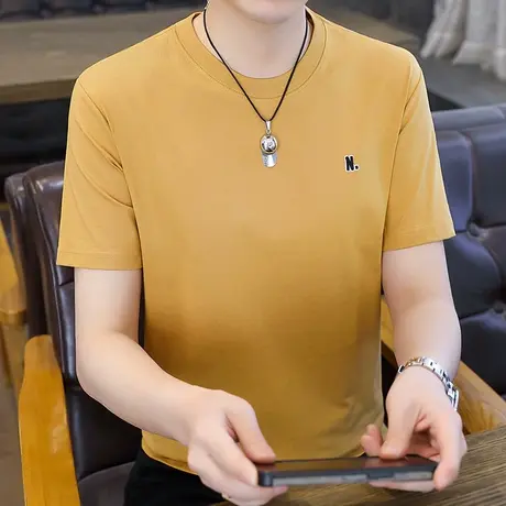 纯色刺绣短袖t恤男夏季夏款圆领半袖体恤潮流百搭青年爸爸打底衫商品大图