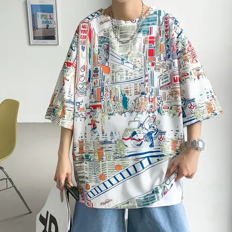 国潮满印短袖t恤男士夏季宽松大码2023新款oversize潮牌高街体恤商品大图