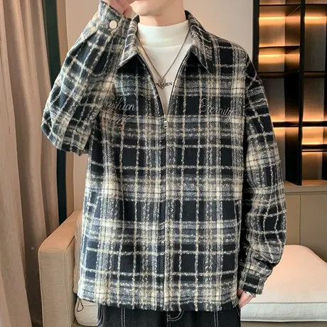小香风外套男士春秋季美式翻领休闲夹克青少年百搭开衫毛呢上衣服商品大图