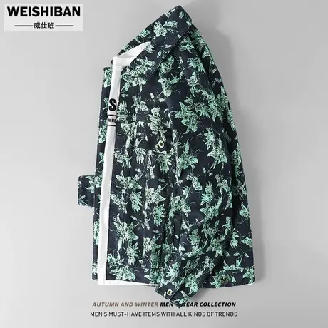 潮牌满印提花牛仔外套男士秋冬季美式复古高街工装痞帅宽松夹克男商品大图