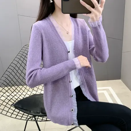 2025春季新款设计感v领蕾丝拼接单排扣针织短款纯色开衫显瘦上衣图片