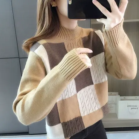 半高领毛衣女秋冬季2024新款撞色上衣格子洋气针织衫宽松打底衫商品大图