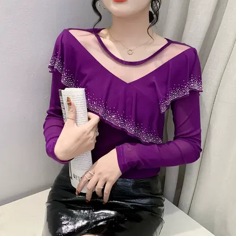 欧货荷叶边打底衫女洋气内搭长袖性感网纱上衣紫色烫钻显瘦T恤ins商品大图