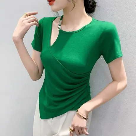 2024夏装新款欧货不规则T恤女短袖性感镂空紧身上衣洋气别致小衫商品大图