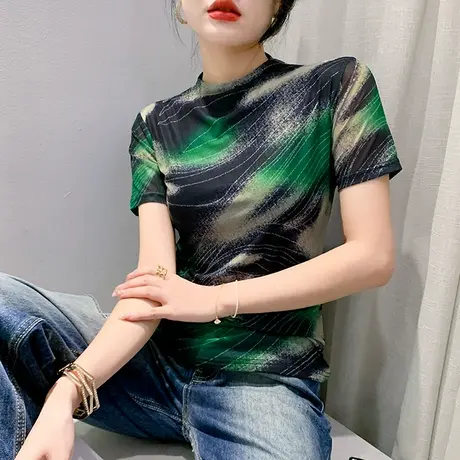 渐变扎染印花T恤女短袖2024初秋半高领网纱打底衫修身气质上衣潮图片